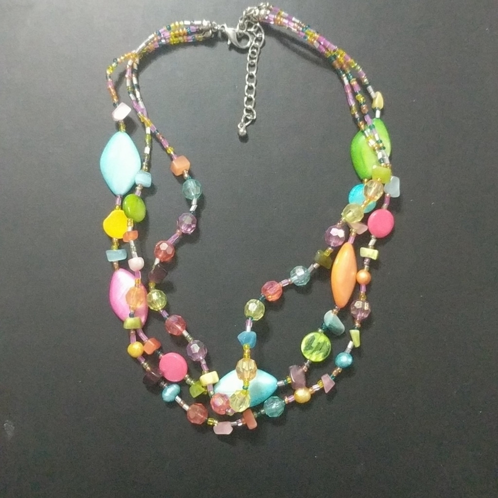 Bright Pastel Rainbow Multi Strand Layered Beaded Statement Necklace